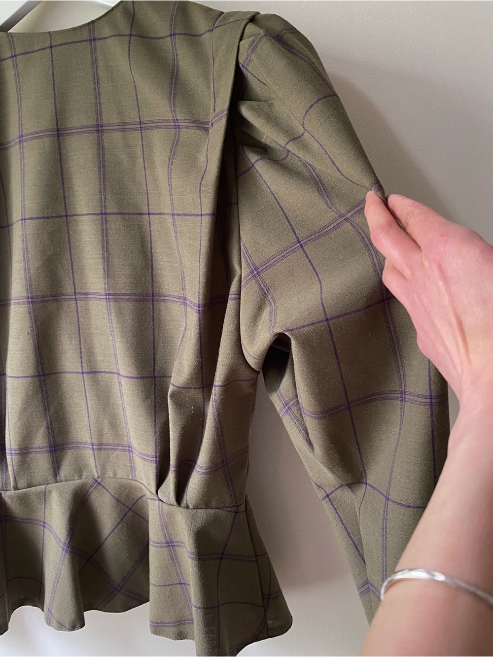 Wool blend Moss green with purple check peplum blazer - Picture 14 of 16